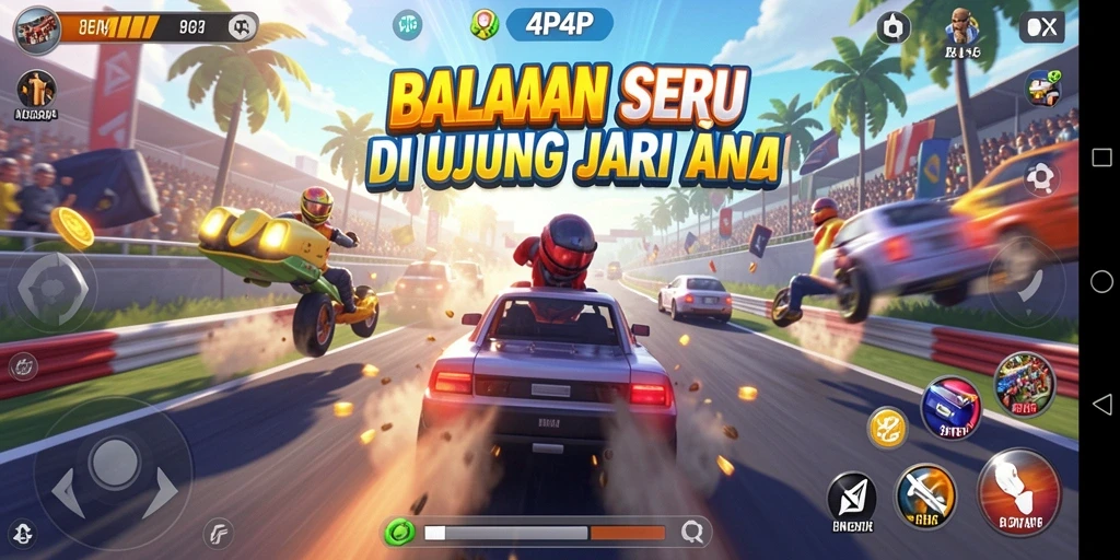 Tampilan gameplay seru dan menegangkan di 4P4P saat balapan.