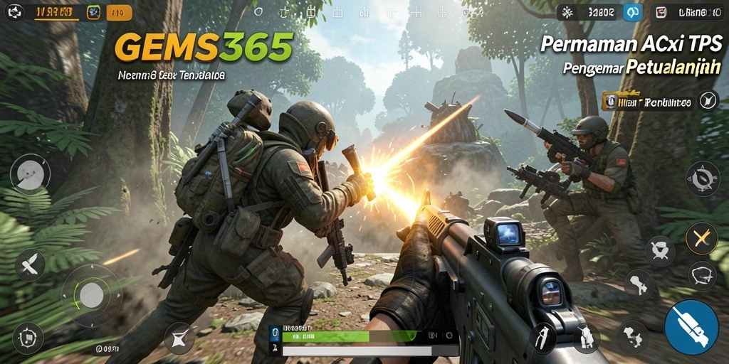 Tampilan dinamis gameplay GEMS365 dengan aksi tembak-menembak intens.