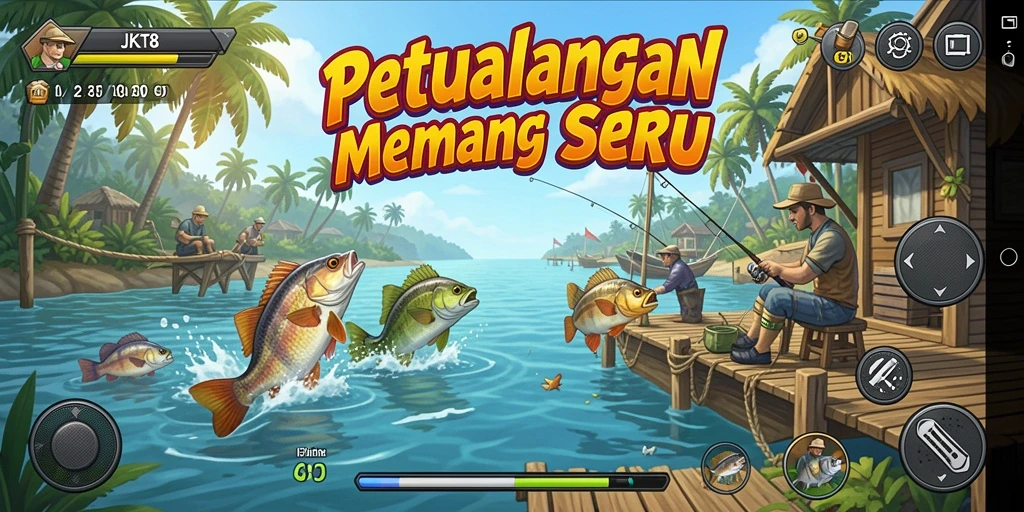 Screenshot gameplay JKT8 menampilkan aksi memancing yang menegangkan.