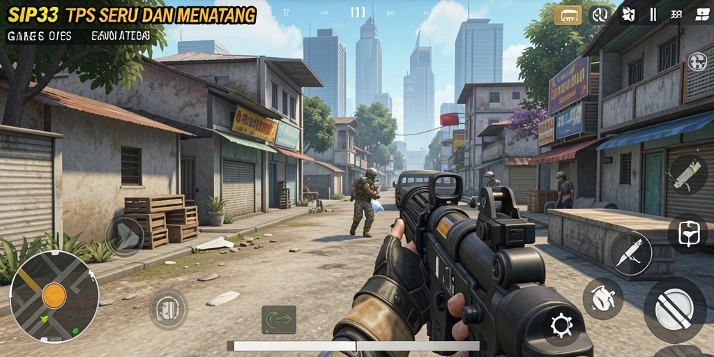 Screenshot gameplay seru dari SIP33 menampilkan aksi tembak-menembak intens.